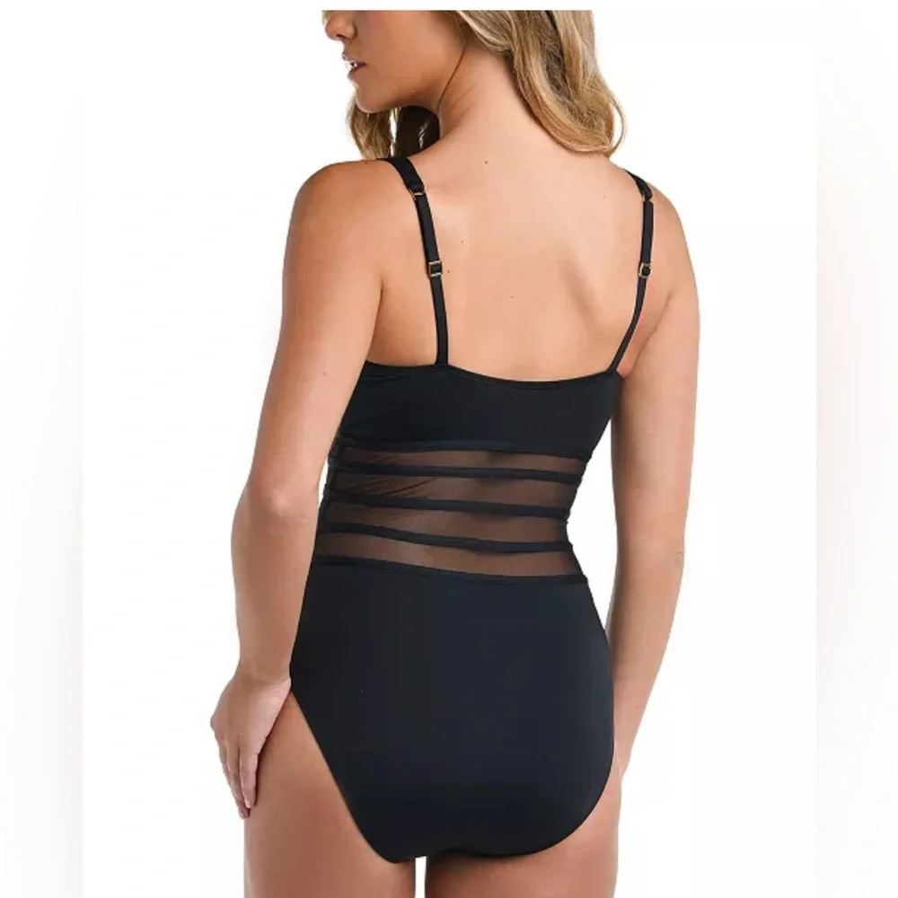 New! La Blanca Island Goddess Over the Shoulder Mesh One Piece Swimsuit Black 12
